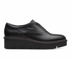 Outlet 🌟 Women's Clarks Airabell Sky Wedge Clogs Black Leather 🌟