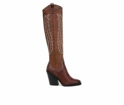 Outlet ❤️ Women's Franco Sarto Glenice Knee High Heeled Western 🥾 Boots Brown 🛒